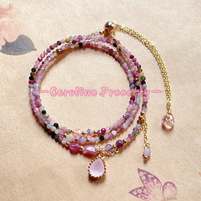 Pink crystal rainbow tourmaline necklace bracelet, two-in-one heart-shaped pendant necklace, three-loop beaded bracelet
