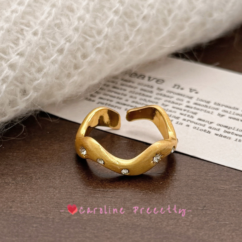 Fashionable brushed wave ring, light luxury, high-end, versatile, individual and elegant ring, retro diamond-encrusted, simple and trendy jewelry