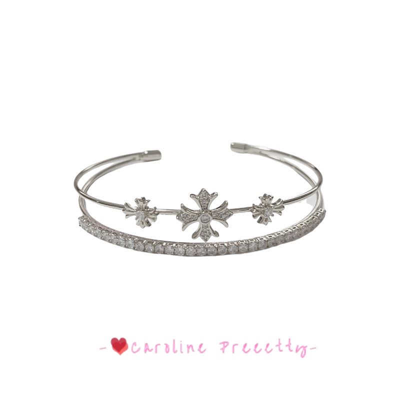 Full diamond cross double-layer open bracelet