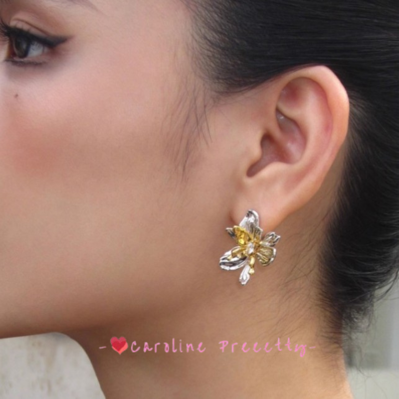 Irregular flower patchwork color-blocking butterfly earrings with a niche design sense, exaggerated and unique stud earrings