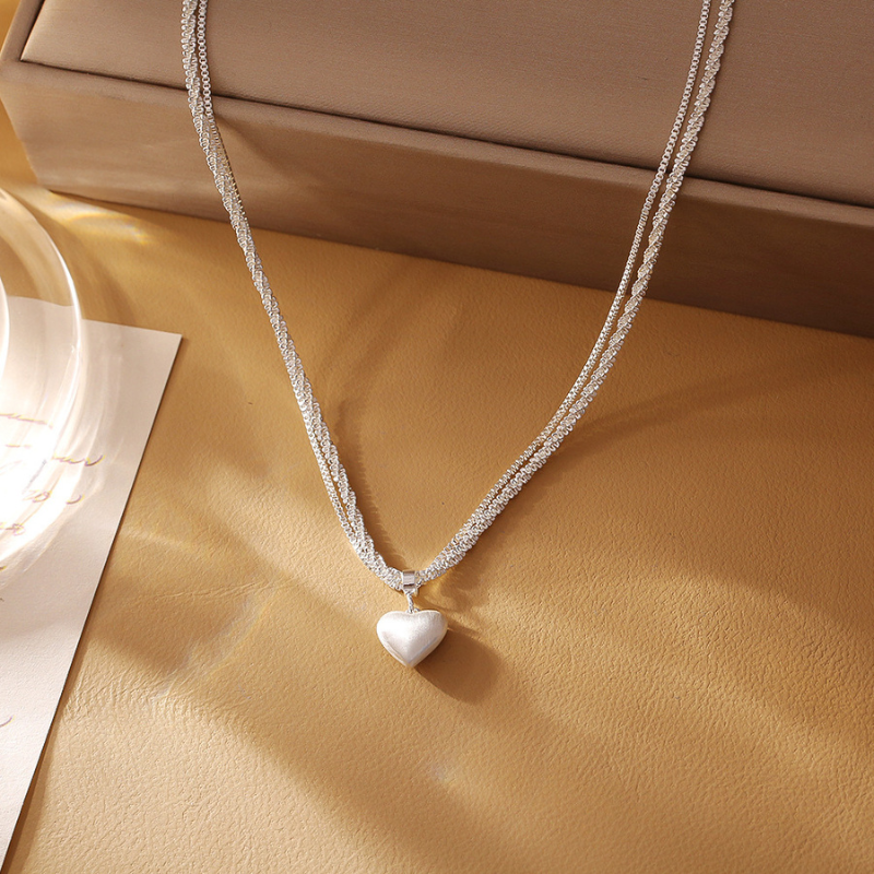 Silver brushed heart double-layer necklace