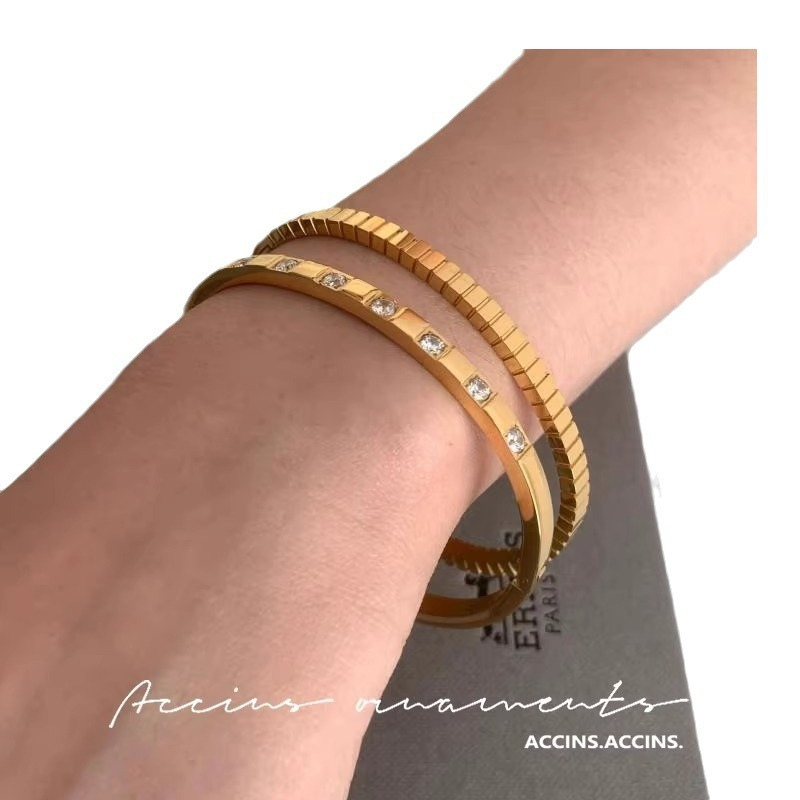 French style zircon shiny open geometric fashionable layered smooth plate unisex couple bracelet