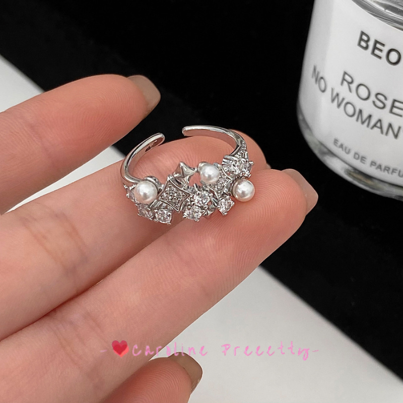 French retro pearl ring with a high-end feel, slightly set zircon, exquisite open index finger ring, niche design, simple jewelry