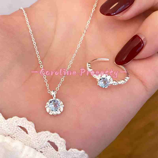 S925 Pure Silver Blue Zircon Flower Necklace  & Ring Set