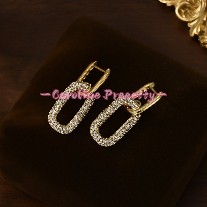 Oval earrings with zircon inlaid brass plated real gold
