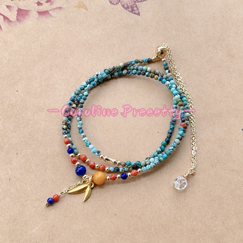 Natural turquoise 2mm fine round bead chain，ethnic style millet bead three-circle multi-layer bracelet with adjustable length
