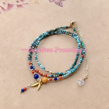 Natural turquoise 2mm fine round bead chain，ethnic style millet bead three-circle multi-layer bracelet with adjustable length