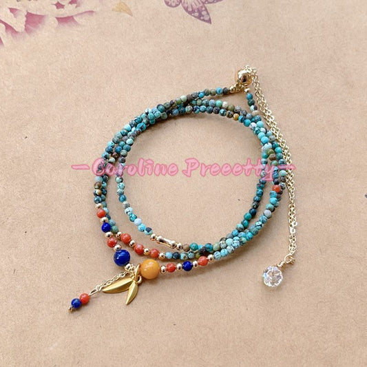 Natural turquoise 2mm fine round bead chain，ethnic style millet bead three-circle multi-layer bracelet with adjustable length