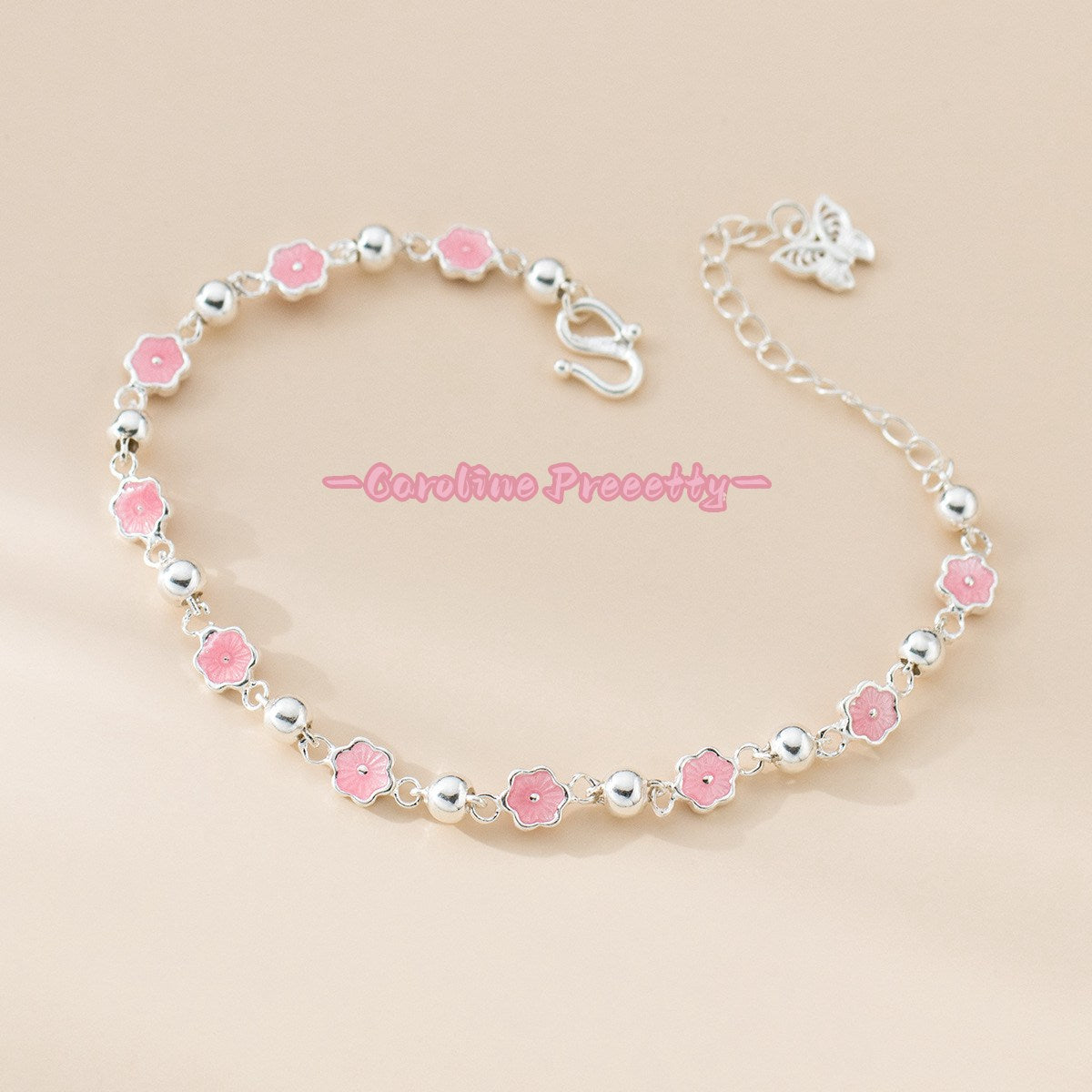 Pure silver 990 sweet enamel peach blossom butterfly bracelet