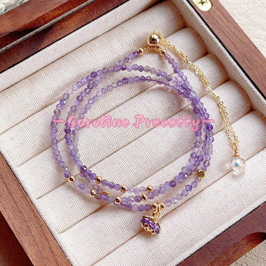 14k gold-plated natural cut amethyst multi-layer three-loop bracelet,