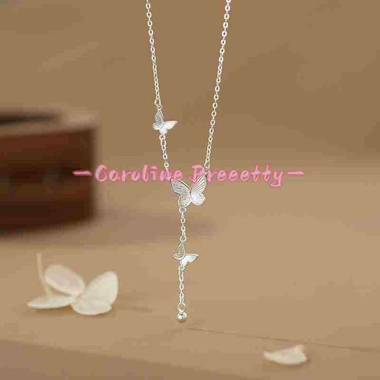S999 pure silver exquisite butterfly round bead tassel necklace