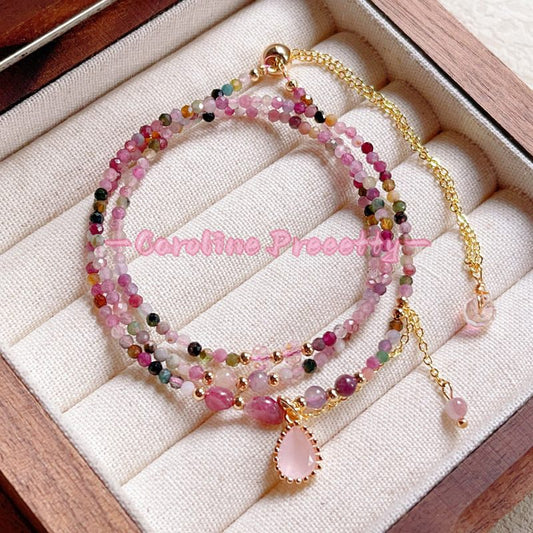 Pink crystal rainbow tourmaline necklace bracelet, two-in-one heart-shaped pendant necklace, three-loop beaded bracelet