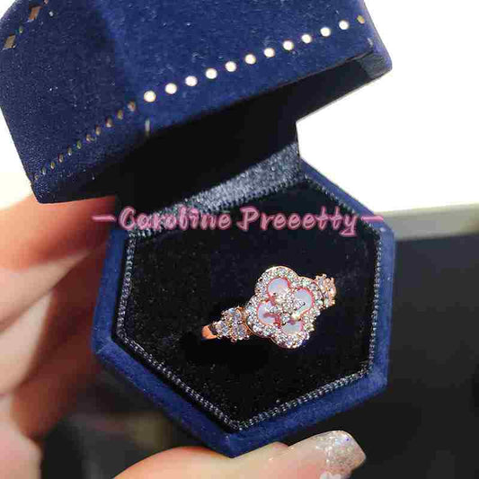 Zircon mother-of-pearl flower diamond-shaped open ring,