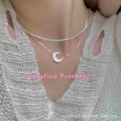 A bright Moon French light luxury deep-sea natural white mother-of-pearl 925 silver Moon necklace