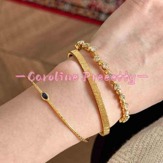 Gold plated fine bracelet, deep blue opal wide edge vertical pattern half bracelet