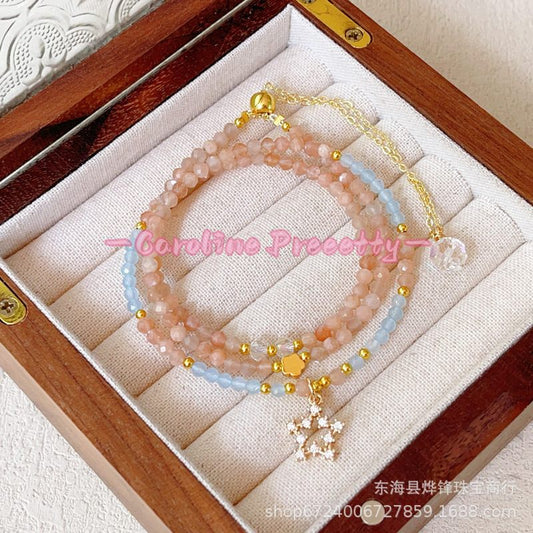 14k gold-plated natural color moonlight orange sunstone aquamarine cut three-circle bracelet
