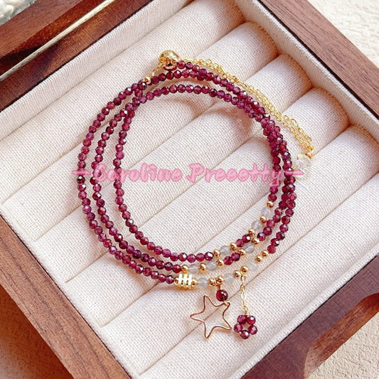 14k gold-plated natural wine red garnet cut surface bracelet