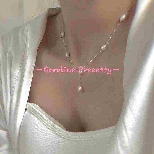 S925 sterling silver collarbone chain, natural freshwater pearl, light luxury and simple Y-shaped chain, niche design, gentle and elegant style