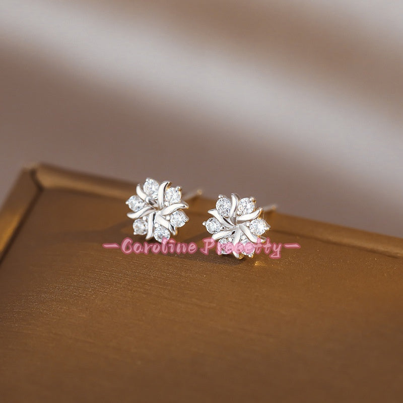 s999 silver snowflake zirconia ear studs earrings