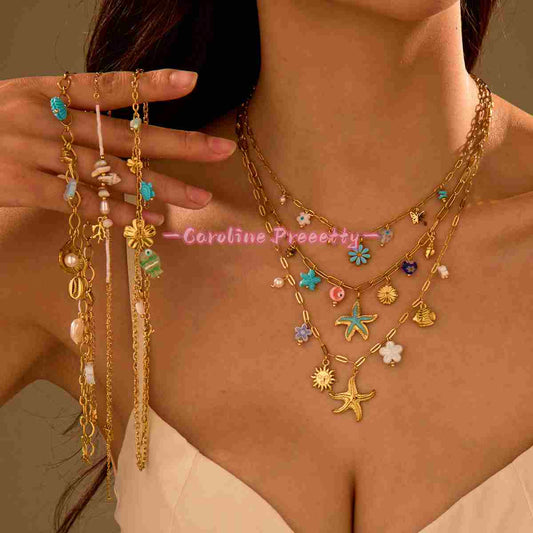 Summer ocean-style dopamine oil starfish stainless steel necklaces