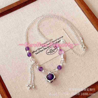 Natural amethyst necklace, off-fire amethyst, amethyst ball pendant necklace