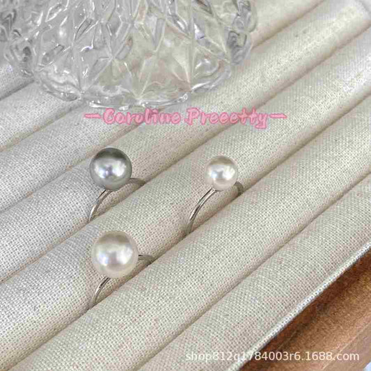 Silver-gray and white version of the Shijia pearl ring S925 sterling silver InS-style open ring