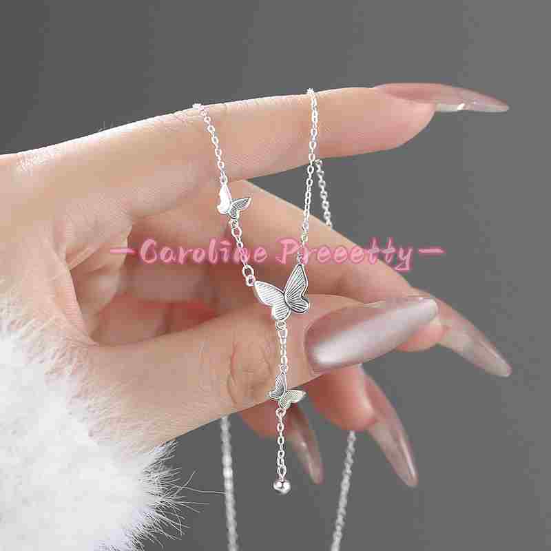 S999 pure silver exquisite butterfly round bead tassel necklace