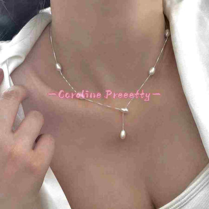 S925 sterling silver collarbone chain, natural freshwater pearl, light luxury and simple Y-shaped chain, niche design, gentle and elegant style