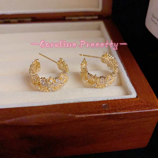 Real gold plated full-diamond metal C-shaped earrings