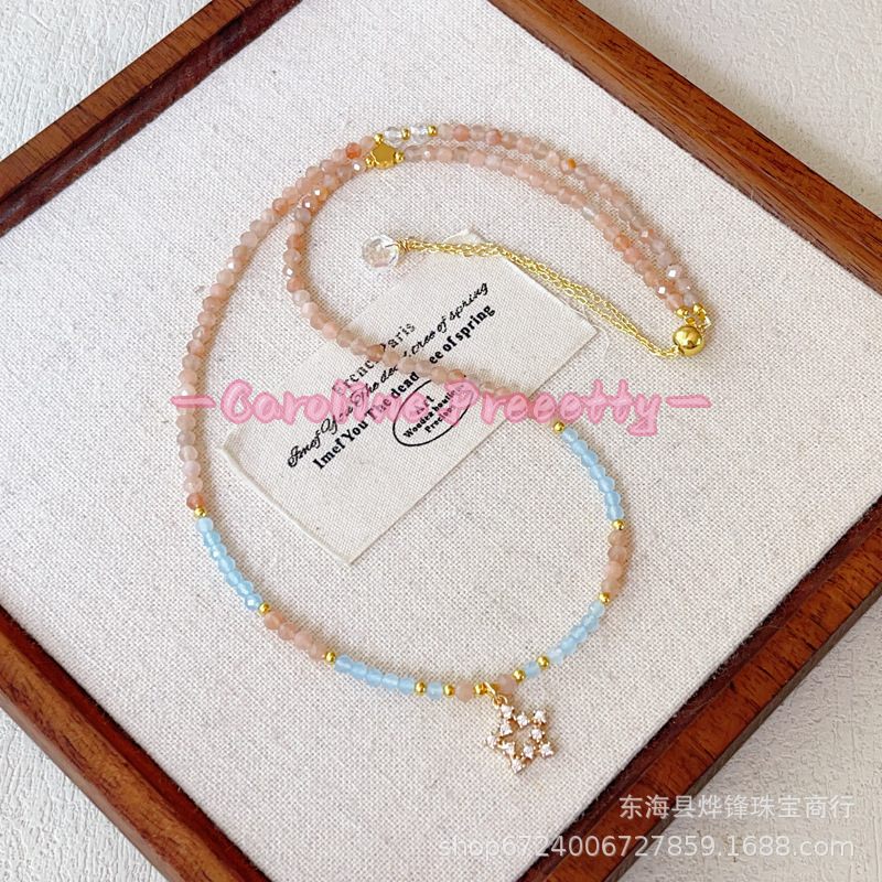 14k gold-plated natural color moonlight orange sunstone aquamarine cut three-circle bracelet