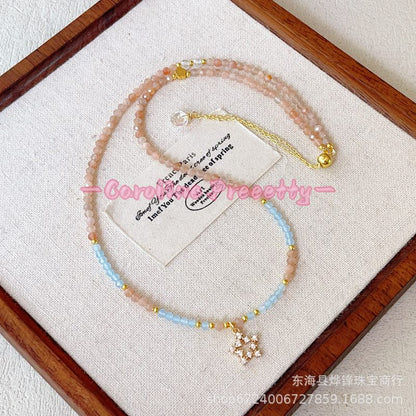 14k gold-plated natural color moonlight orange sunstone aquamarine cut three-circle bracelet