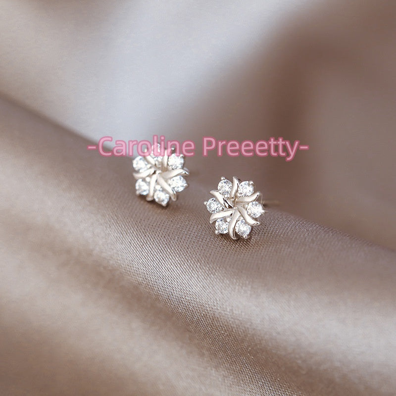 s999 silver snowflake zirconia ear studs earrings