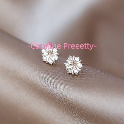 s999 silver snowflake zirconia ear studs earrings