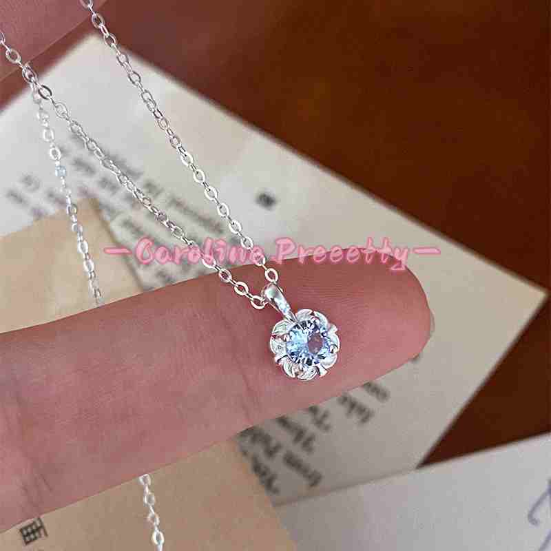 S925 Pure Silver Blue Zircon Flower Necklace  & Ring Set