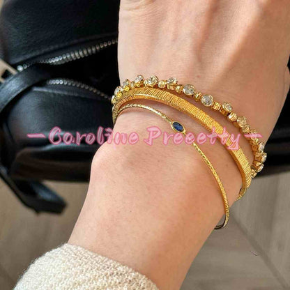 Gold plated fine bracelet, deep blue opal wide edge vertical pattern half bracelet