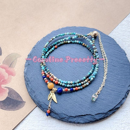 Natural turquoise 2mm fine round bead chain，ethnic style millet bead three-circle multi-layer bracelet with adjustable length