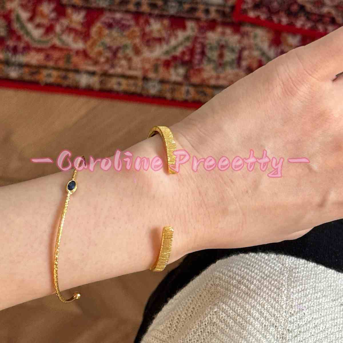 Gold plated fine bracelet, deep blue opal wide edge vertical pattern half bracelet