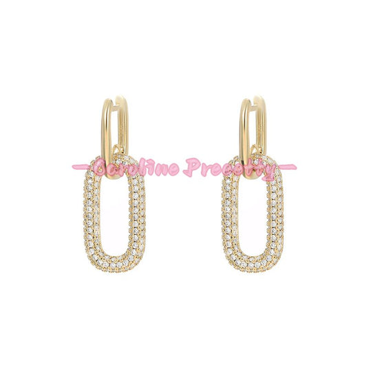 Oval earrings with zircon inlaid brass plated real gold