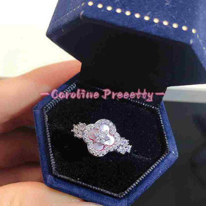Zircon mother-of-pearl flower diamond-shaped open ring,
