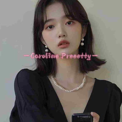 Double-layer stacked Shijia pearl rice bead necklace for women, 925 silver stud earrings, versatile and high-end beaded high-end collarbone chain