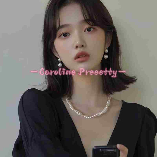 Double-layer stacked Shijia pearl rice bead necklace for women, 925 silver stud earrings, versatile and high-end beaded high-end collarbone chain