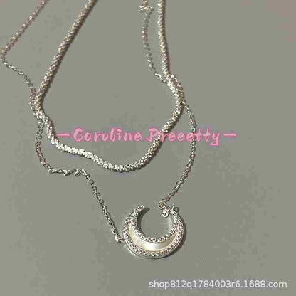 A bright Moon French light luxury deep-sea natural white mother-of-pearl 925 silver Moon necklace
