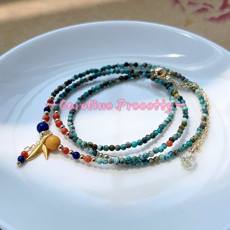 Natural turquoise 2mm fine round bead chain，ethnic style millet bead three-circle multi-layer bracelet with adjustable length