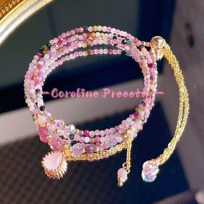 Pink crystal rainbow tourmaline necklace bracelet, two-in-one heart-shaped pendant necklace, three-loop beaded bracelet