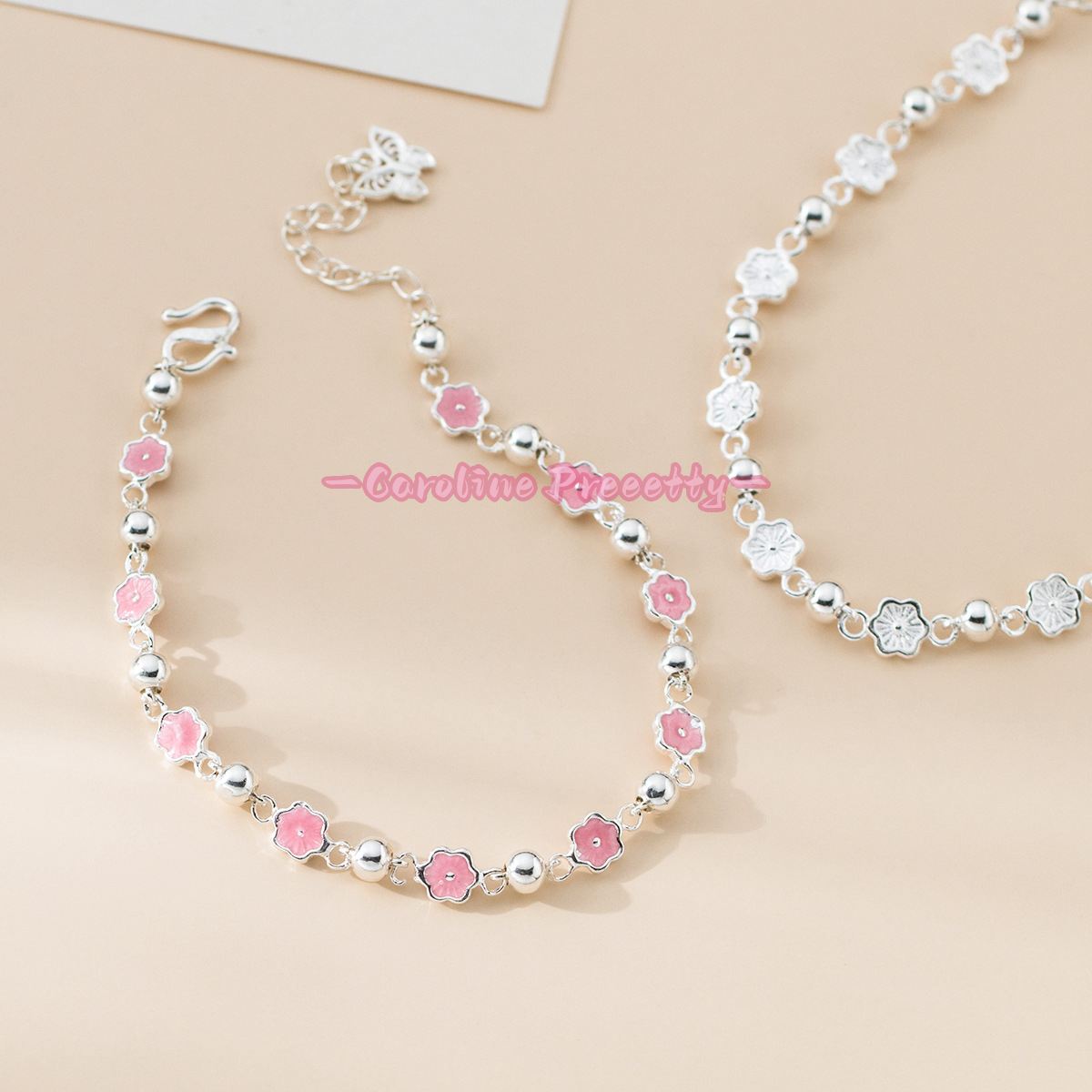 Pure silver 990 sweet enamel peach blossom butterfly bracelet