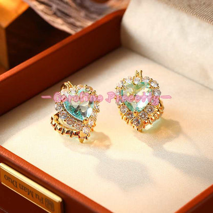 Zircon double-sided sea blue heart-shaped ear buckles