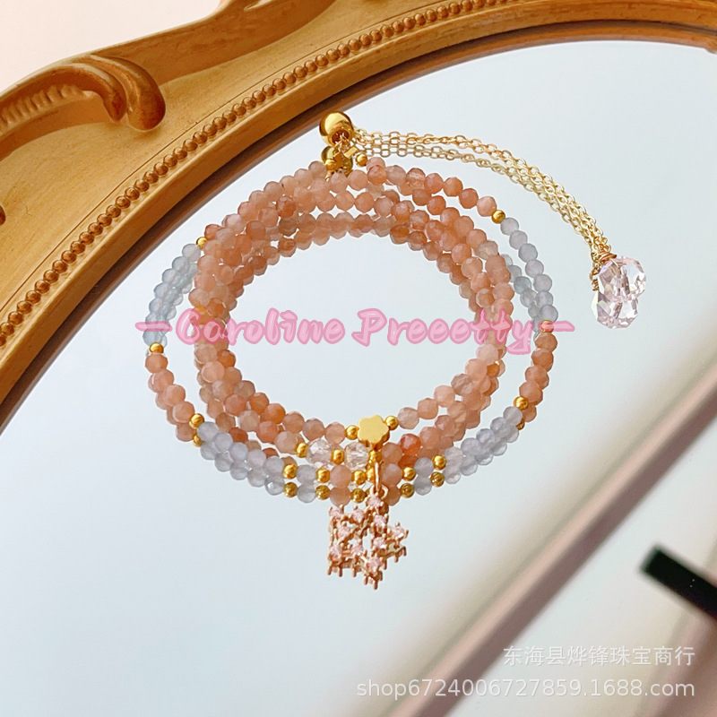 14k gold-plated natural color moonlight orange sunstone aquamarine cut three-circle bracelet