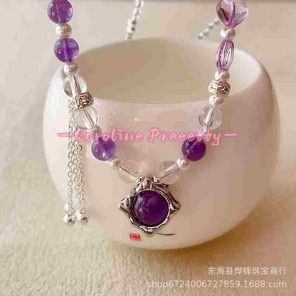 Natural amethyst necklace, off-fire amethyst, amethyst ball pendant necklace