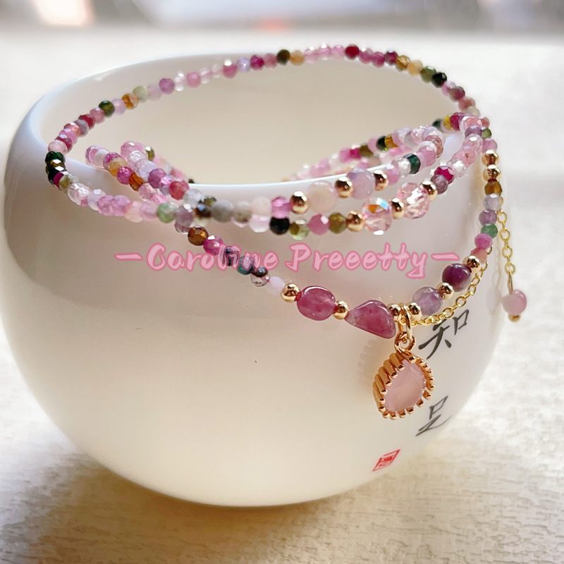 Pink crystal rainbow tourmaline necklace bracelet, two-in-one heart-shaped pendant necklace, three-loop beaded bracelet