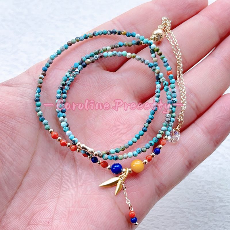 Natural turquoise 2mm fine round bead chain，ethnic style millet bead three-circle multi-layer bracelet with adjustable length